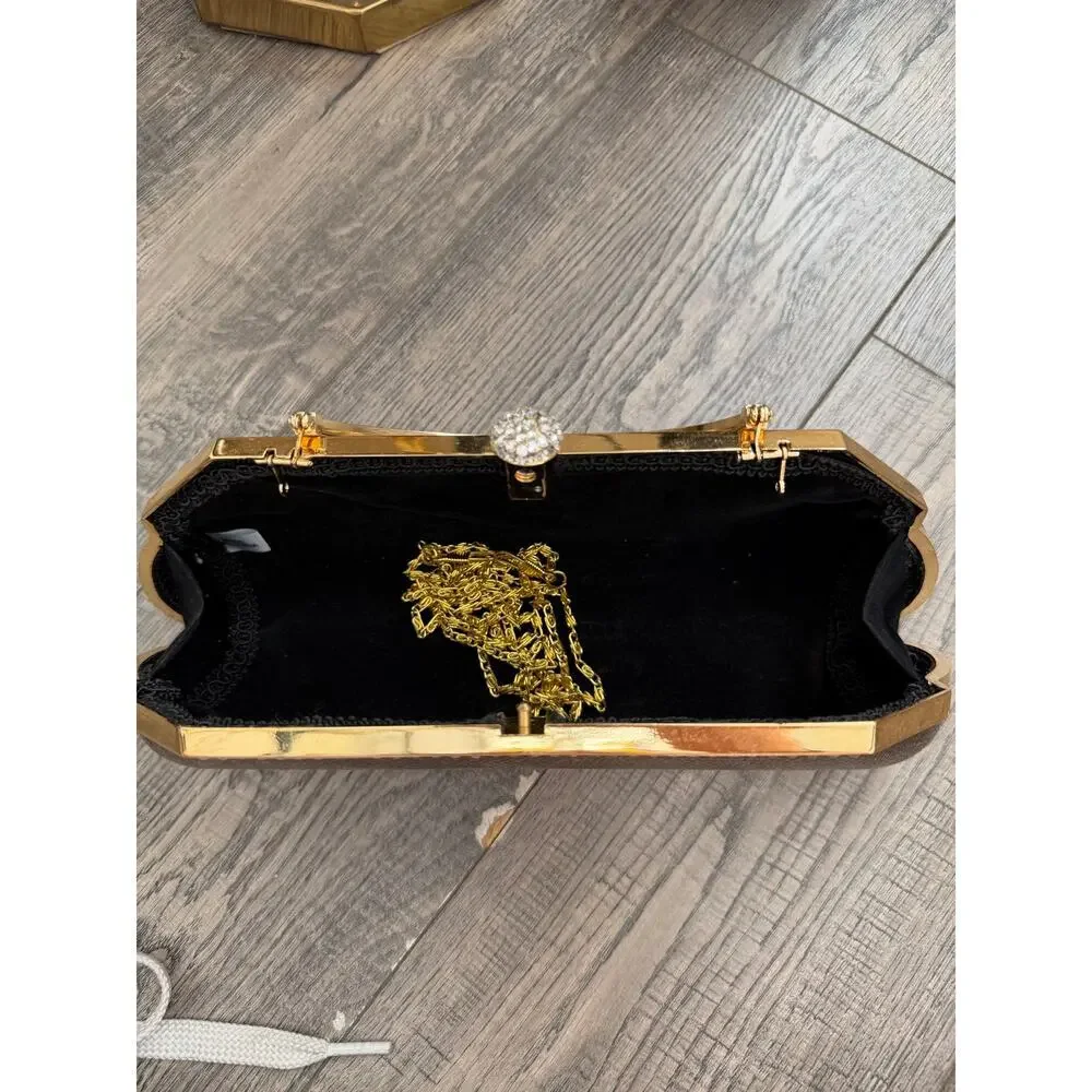 Vintage Clutch Bag Party Clutches Handbag Detachable Chain Strap Brown Gold